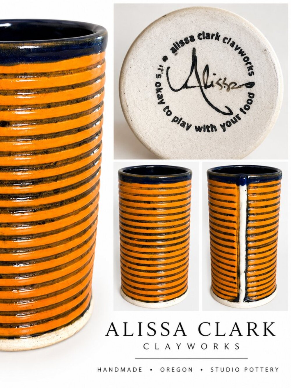 Alissa Clark Clayworks Studio Pottery Vase Orange Black Striped Signed Oregon